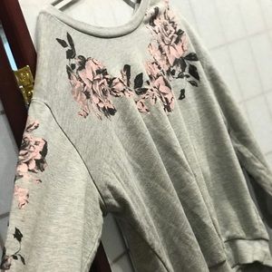Pink Rose Print Gray Pullover Sweathshirt